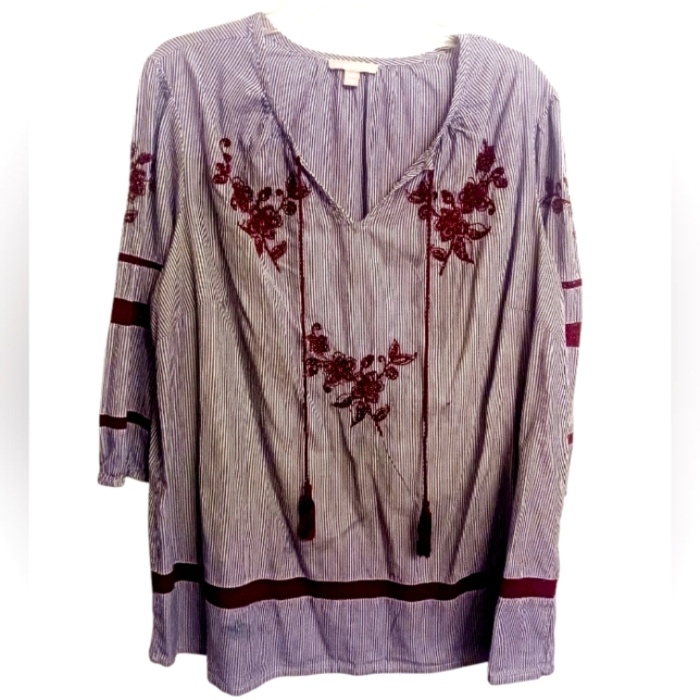 Blue & White Striped Blouse with Beaded Floral Design by Woman Within Size 18/20 - Picture 1 of 4